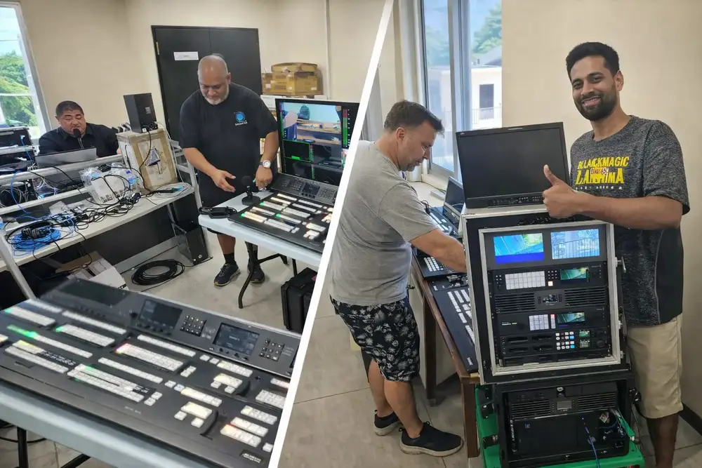 Two scenes from the Tonga OB handover: Manaia Go training TBC staff at a vision switcher, and a technician beside the rebuilt rack of Blackmagic broadcast equipment