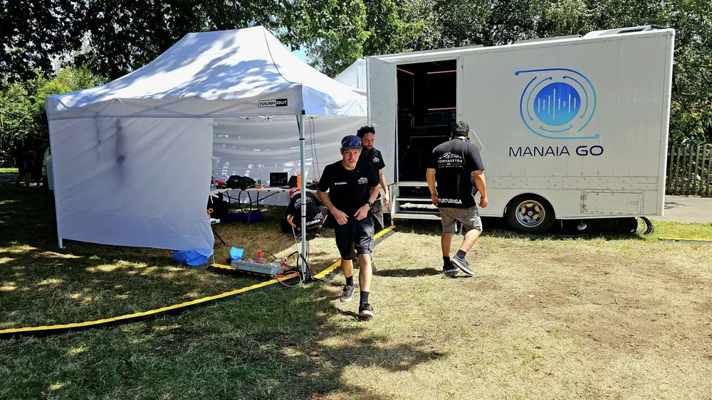 The Manaia Go OB truck and production tent set up on the grass at Tūwharetoa Ahurei 2025, with crew in Tūwharetoa shirts